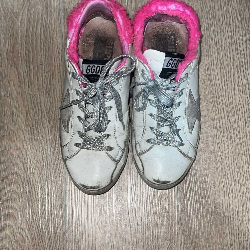 Golden Goose White and Pink Sneakers with Worn-In Look